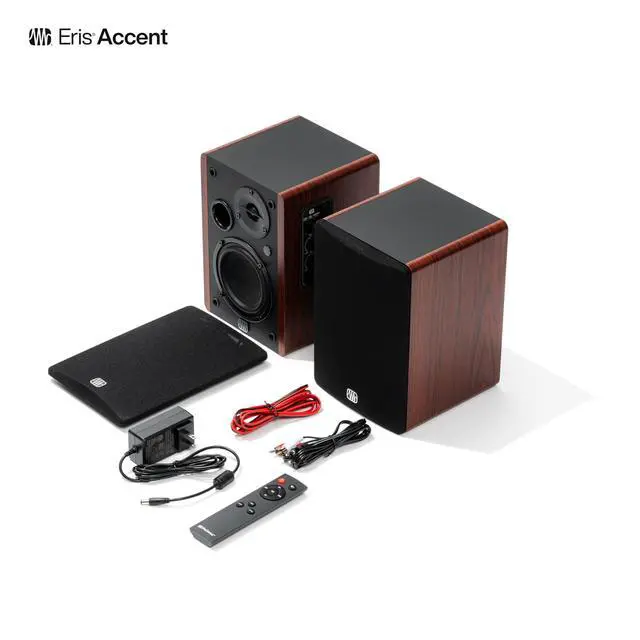 Alt view image 3 of 7 - Eris Accent Powered Bookshelf Speakers 50W Wired Stereo Speakers for Record Player, Turntable, Desk & Home, Multiple Inputs, 4 Woofer, Studio Monitors, Tweeter, Remote, Sub Out, Wood Grain