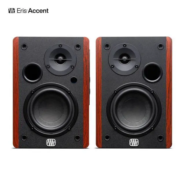 Alt view image 2 of 7 - Eris Accent Powered Bookshelf Speakers 50W Wired Stereo Speakers for Record Player, Turntable, Desk & Home, Multiple Inputs, 4 Woofer, Studio Monitors, Tweeter, Remote, Sub Out, Wood Grain