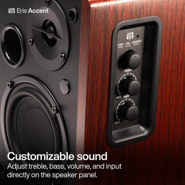 Alt view image 7 of 7 - Eris Accent Powered Bookshelf Speakers 50W Wired Stereo Speakers for Record Player, Turntable, Desk & Home, Multiple Inputs, 4 Woofer, Studio Monitors, Tweeter, Remote, Sub Out, Wood Grain