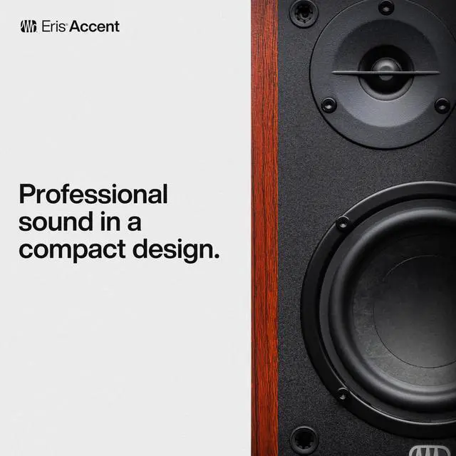 Alt view image 5 of 7 - Eris Accent Powered Bookshelf Speakers 50W Wired Stereo Speakers for Record Player, Turntable, Desk & Home, Multiple Inputs, 4 Woofer, Studio Monitors, Tweeter, Remote, Sub Out, Wood Grain
