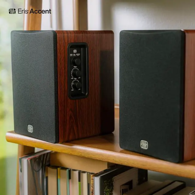 Alt view image 6 of 7 - Eris Accent Powered Bookshelf Speakers 50W Wired Stereo Speakers for Record Player, Turntable, Desk & Home, Multiple Inputs, 4 Woofer, Studio Monitors, Tweeter, Remote, Sub Out, Wood Grain