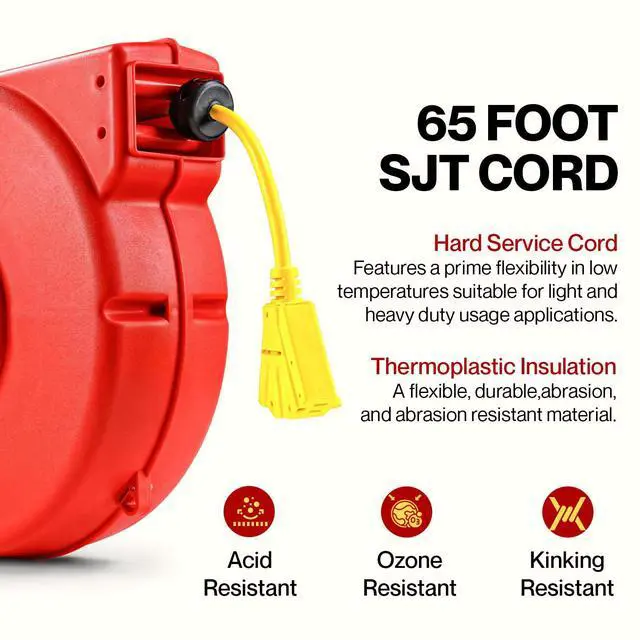 Alt view image 4 of 7 - Extension Cord Reel Retractable 12AWG x 65' Foot | 3C/SJT Heavy Duty Commercial Cable Triple Tap Connector Power 15A 125VAC 1875W