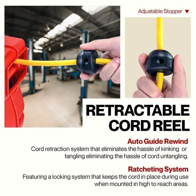 Alt view image 5 of 7 - Extension Cord Reel Retractable 12AWG x 65' Foot | 3C/SJT Heavy Duty Commercial Cable Triple Tap Connector Power 15A 125VAC 1875W