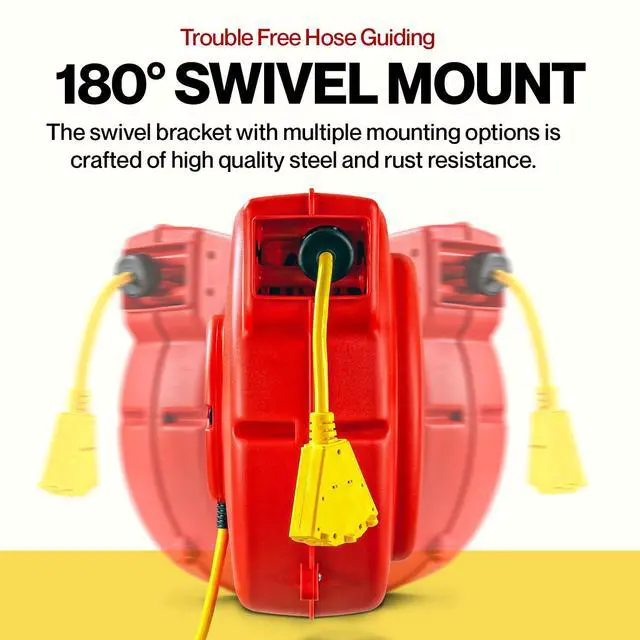 Alt view image 7 of 7 - Extension Cord Reel Retractable 12AWG x 65' Foot | 3C/SJT Heavy Duty Commercial Cable Triple Tap Connector Power 15A 125VAC 1875W