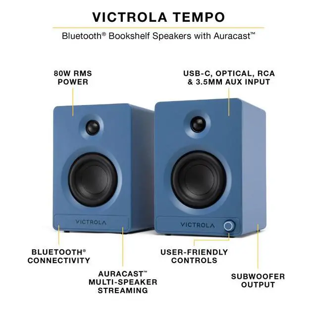 Alt view image 2 of 7 - Tempo - Bluetooth Bookshelf Speaker Pair - Black | Powered speaker pair with Auracast multi-speaker streaming, RCA, optical, aux and USB-C inputs, subwoofer output