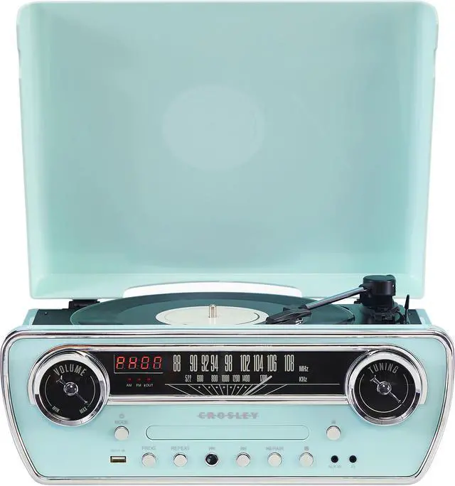 Main image of CR6047A-AB Powel 7-in-1 Record Player, Aqua Blue | 3-Speed Turntable, Bluetooth In / Out, Built-in Full-Range Stereo Speakers, AM/FM Radio