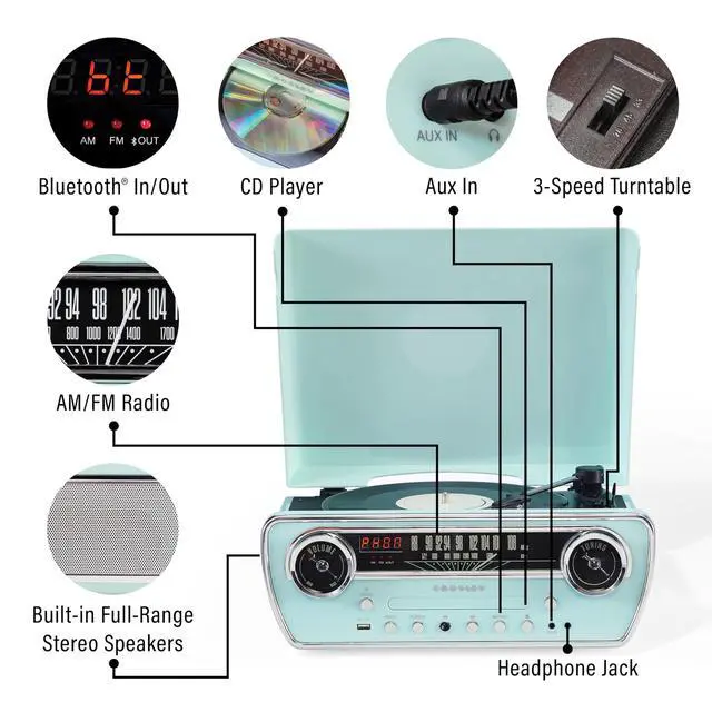 Alt view image 2 of 7 - CR6047A-AB Powel 7-in-1 Record Player, Aqua Blue | 3-Speed Turntable, Bluetooth In / Out, Built-in Full-Range Stereo Speakers, AM/FM Radio