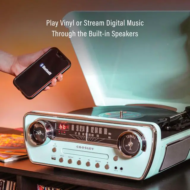 Alt view image 3 of 7 - CR6047A-AB Powel 7-in-1 Record Player, Aqua Blue | 3-Speed Turntable, Bluetooth In / Out, Built-in Full-Range Stereo Speakers, AM/FM Radio