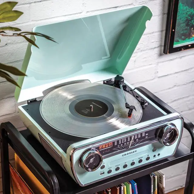 Alt view image 5 of 7 - CR6047A-AB Powel 7-in-1 Record Player, Aqua Blue | 3-Speed Turntable, Bluetooth In / Out, Built-in Full-Range Stereo Speakers, AM/FM Radio