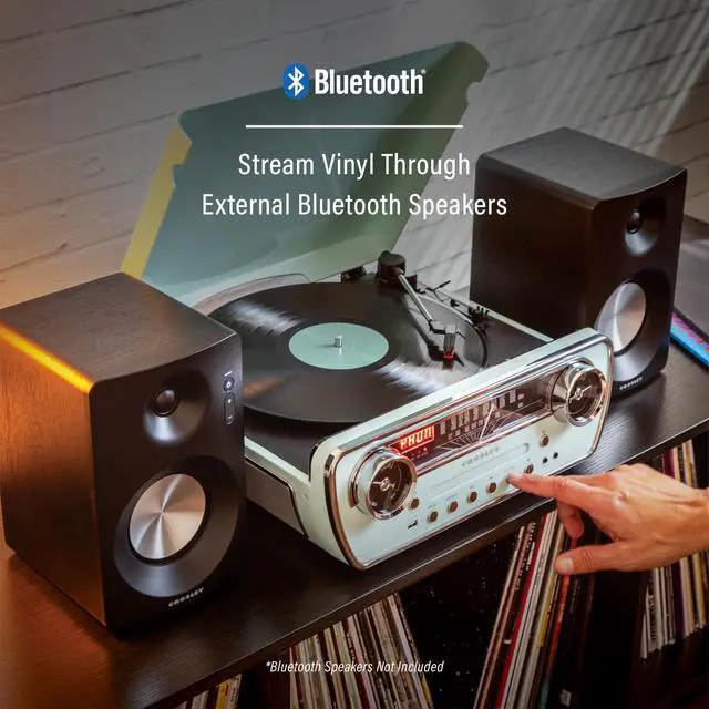 Alt view image 4 of 7 - CR6047A-AB Powel 7-in-1 Record Player, Aqua Blue | 3-Speed Turntable, Bluetooth In / Out, Built-in Full-Range Stereo Speakers, AM/FM Radio