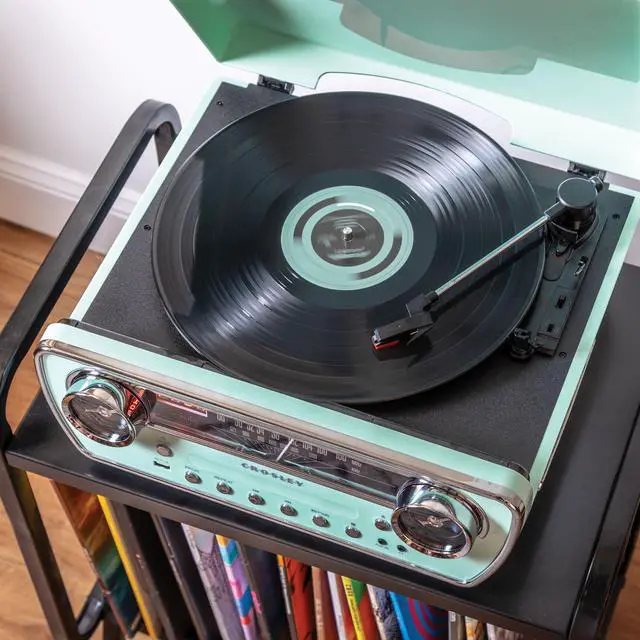 Alt view image 6 of 7 - CR6047A-AB Powel 7-in-1 Record Player, Aqua Blue | 3-Speed Turntable, Bluetooth In / Out, Built-in Full-Range Stereo Speakers, AM/FM Radio