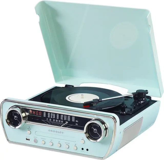 Alt view image 7 of 7 - CR6047A-AB Powel 7-in-1 Record Player, Aqua Blue | 3-Speed Turntable, Bluetooth In / Out, Built-in Full-Range Stereo Speakers, AM/FM Radio