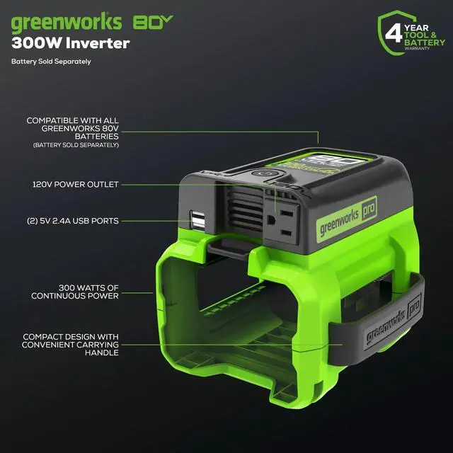 Alt view image 2 of 7 - Pro 80V (300 Watt) Power Inverter, 120V AC, for Charging Small Electronics, Smart Phones, Tablets, Small Televisions, Tool-Only, IV80A00