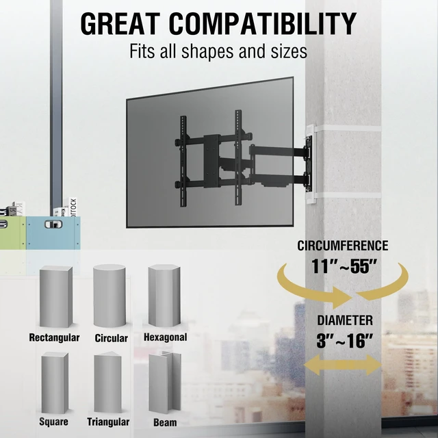 Alt view image 3 of 7 - 32"70" TVs Indoor Full Motion TV Mount Fits Large Pillars & Poles 8" & Up, No Drill Gazebo & Pergola TV Mount, VESA 400x400, Holds 80 lbs