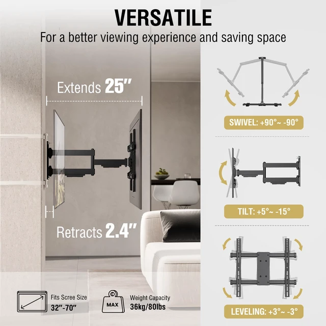 Alt view image 5 of 7 - 32"70" TVs Indoor Full Motion TV Mount Fits Large Pillars & Poles 8" & Up, No Drill Gazebo & Pergola TV Mount, VESA 400x400, Holds 80 lbs
