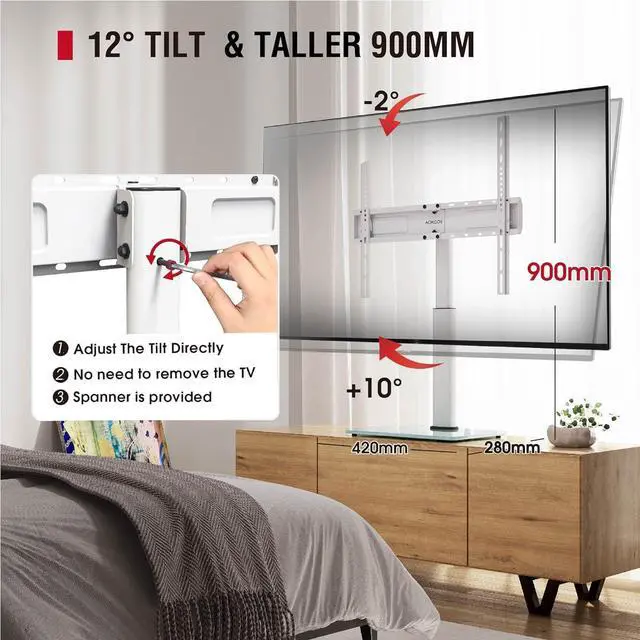 Alt view image 3 of 7 - Swivel Universal TV Stand for 32-75 inch TVs with Tilt Down/Up, 8 Levels Height Adjustable Table Top TV Mount Stand with Stable Heavy Duty Tempered Glass Base, MAX VESA 600x400 mm up to 99lbs, White
