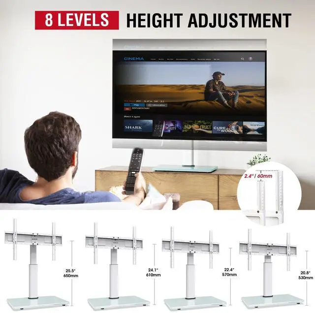Alt view image 4 of 7 - Swivel Universal TV Stand for 32-75 inch TVs with Tilt Down/Up, 8 Levels Height Adjustable Table Top TV Mount Stand with Stable Heavy Duty Tempered Glass Base, MAX VESA 600x400 mm up to 99lbs, White