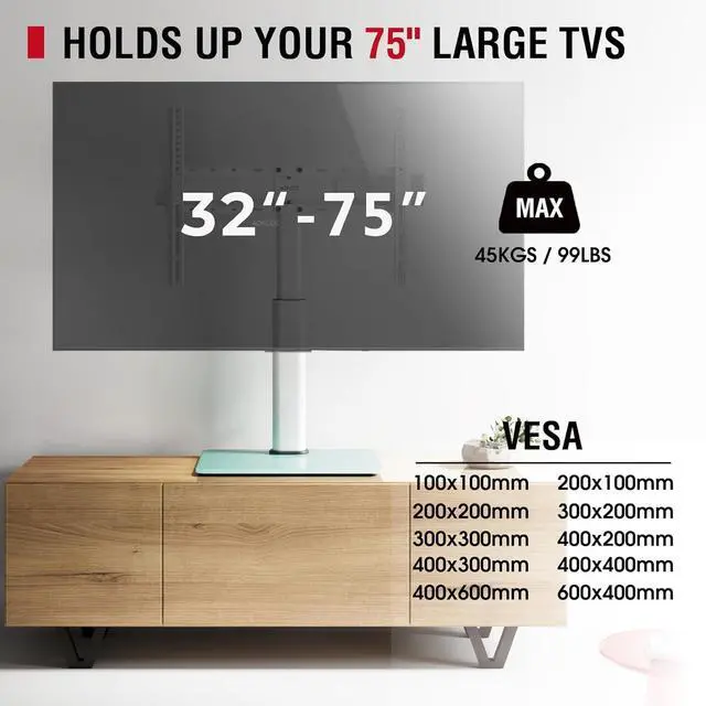 Alt view image 5 of 7 - Swivel Universal TV Stand for 32-75 inch TVs with Tilt Down/Up, 8 Levels Height Adjustable Table Top TV Mount Stand with Stable Heavy Duty Tempered Glass Base, MAX VESA 600x400 mm up to 99lbs, White