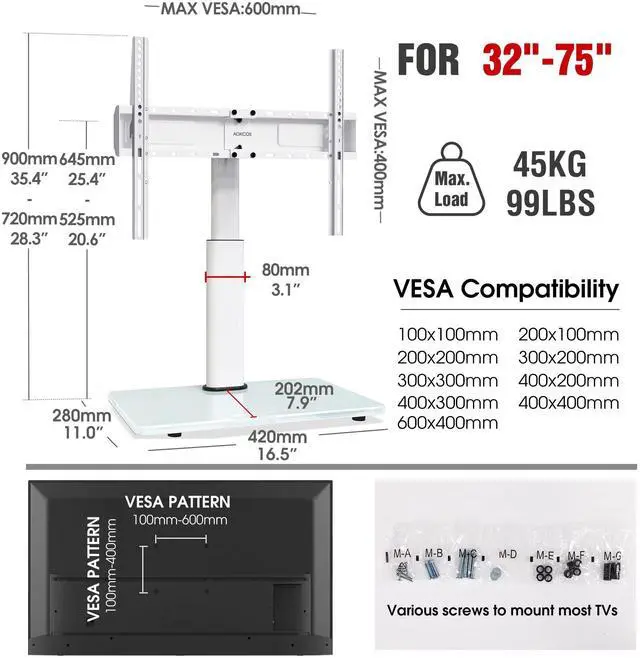 Alt view image 7 of 7 - Swivel Universal TV Stand for 32-75 inch TVs with Tilt Down/Up, 8 Levels Height Adjustable Table Top TV Mount Stand with Stable Heavy Duty Tempered Glass Base, MAX VESA 600x400 mm up to 99lbs, White