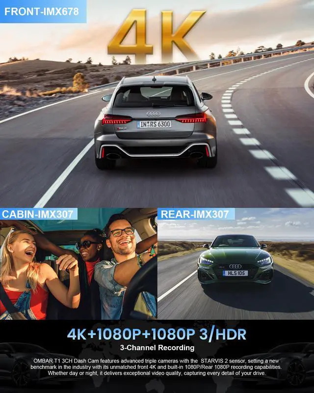 Alt view image 3 of 7 - T1 4K 3-Channel Dash Cam, STARVIS 2, 128GB Card, WiFi, GPS, HDR | 4K front plus 1080P cabin and rear recording, full-color night vision, 24-hour parking mode, supports up to 512GB