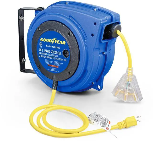 Main image of Extension Cord Reels (12AWG x 40 FT (SJTOW Cable) w/LED Light-Up Tap) | Retractable extension cord reel delivers 15A/125V power through 12AWG SJTOW cord; LED triple tap improves visibility