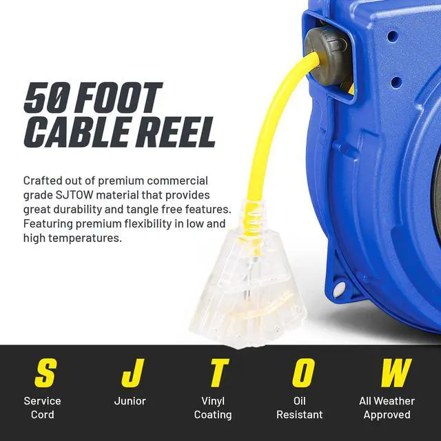Alt view image 3 of 7 - Extension Cord Reels (12AWG x 40 FT (SJTOW Cable) w/LED Light-Up Tap) | Retractable extension cord reel delivers 15A/125V power through 12AWG SJTOW cord; LED triple tap improves visibility