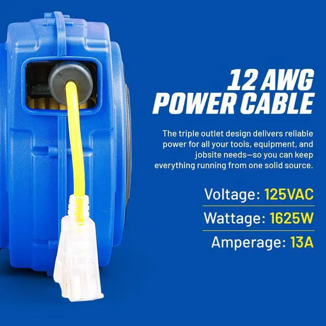 Alt view image 2 of 7 - Extension Cord Reels (12AWG x 40 FT (SJTOW Cable) w/LED Light-Up Tap) | Retractable extension cord reel delivers 15A/125V power through 12AWG SJTOW cord; LED triple tap improves visibility