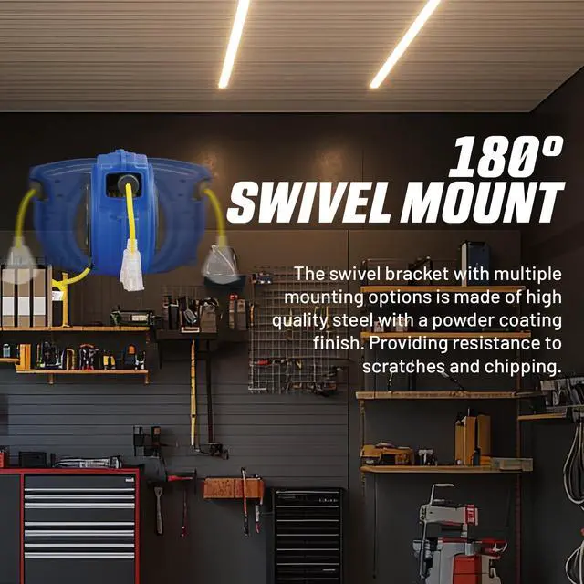 Alt view image 6 of 7 - Extension Cord Reels (12AWG x 40 FT (SJTOW Cable) w/LED Light-Up Tap) | Retractable extension cord reel delivers 15A/125V power through 12AWG SJTOW cord; LED triple tap improves visibility