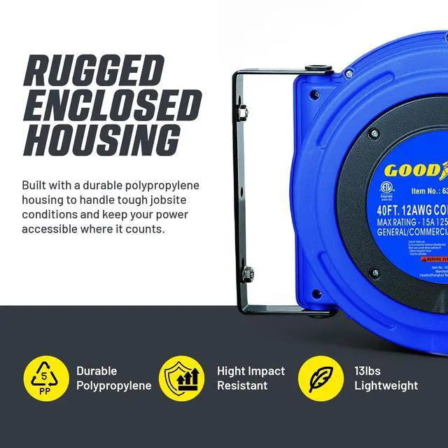 Alt view image 5 of 7 - Extension Cord Reels (12AWG x 40 FT (SJTOW Cable) w/LED Light-Up Tap) | Retractable extension cord reel delivers 15A/125V power through 12AWG SJTOW cord; LED triple tap improves visibility