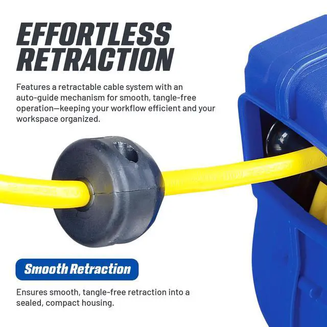Alt view image 7 of 7 - Extension Cord Reels (12AWG x 40 FT (SJTOW Cable) w/LED Light-Up Tap) | Retractable extension cord reel delivers 15A/125V power through 12AWG SJTOW cord; LED triple tap improves visibility