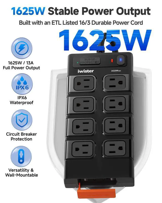 Alt view image 2 of 7 - Outdoor Power Strip Waterproof IPX6, Outlet Extender, 15.5W, 8 AC, 2 USB C | 5FT Extension Cord with Surge Protector, 1625W/13A, Wall-Mountable, Ideal for Home Office, Kitchen, Porch, Patio, UL Listed