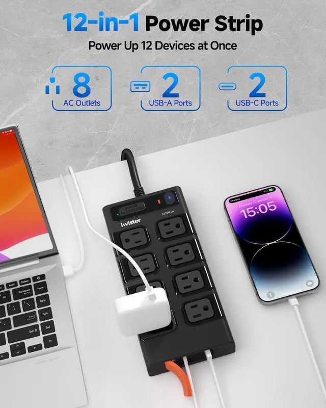 Alt view image 4 of 7 - Outdoor Power Strip Waterproof IPX6, Outlet Extender, 15.5W, 8 AC, 2 USB C | 5FT Extension Cord with Surge Protector, 1625W/13A, Wall-Mountable, Ideal for Home Office, Kitchen, Porch, Patio, UL Listed
