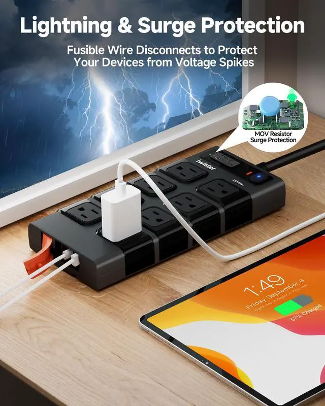 Alt view image 5 of 7 - Outdoor Power Strip Waterproof IPX6, Outlet Extender, 15.5W, 8 AC, 2 USB C | 5FT Extension Cord with Surge Protector, 1625W/13A, Wall-Mountable, Ideal for Home Office, Kitchen, Porch, Patio, UL Listed