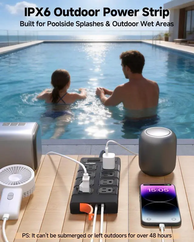 Alt view image 6 of 7 - Outdoor Power Strip Waterproof IPX6, Outlet Extender, 15.5W, 8 AC, 2 USB C | 5FT Extension Cord with Surge Protector, 1625W/13A, Wall-Mountable, Ideal for Home Office, Kitchen, Porch, Patio, UL Listed