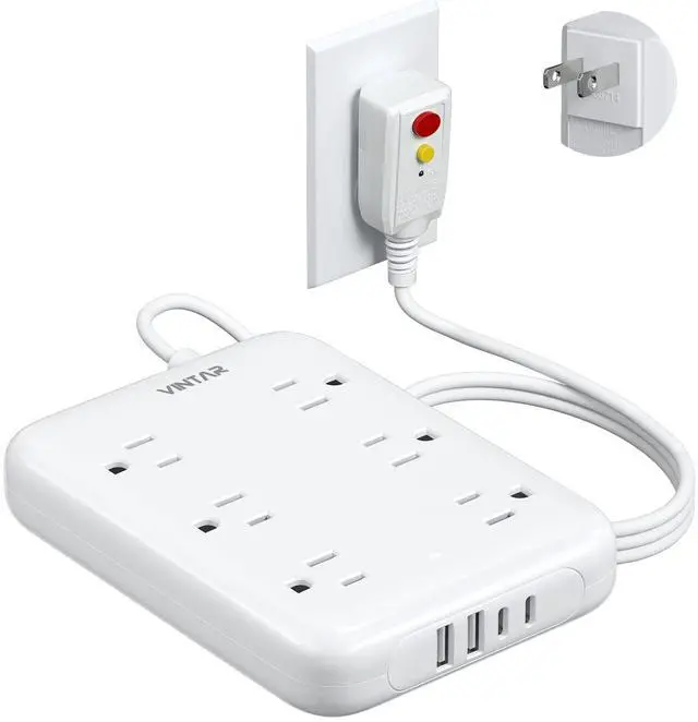 Main image of 2 Prong GFCI Power Strip, 6ft Extension Cord with 6 Outlets & 4 USB | 2 Prong to 3 Prong GFCI Outlet Adapter, 1050J Surge Protector, 2 USB-C, Polarized Plug Wall Mount for Non-Grounded Receptacle