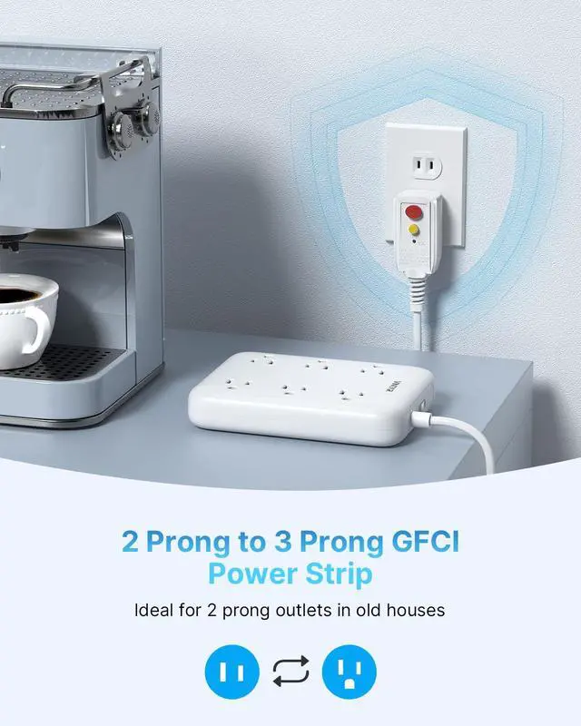 Alt view image 2 of 7 - 2 Prong GFCI Power Strip, 6ft Extension Cord with 6 Outlets & 4 USB | 2 Prong to 3 Prong GFCI Outlet Adapter, 1050J Surge Protector, 2 USB-C, Polarized Plug Wall Mount for Non-Grounded Receptacle