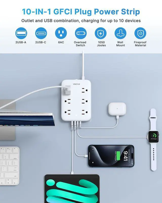Alt view image 5 of 7 - 2 Prong GFCI Power Strip, 6ft Extension Cord with 6 Outlets & 4 USB | 2 Prong to 3 Prong GFCI Outlet Adapter, 1050J Surge Protector, 2 USB-C, Polarized Plug Wall Mount for Non-Grounded Receptacle