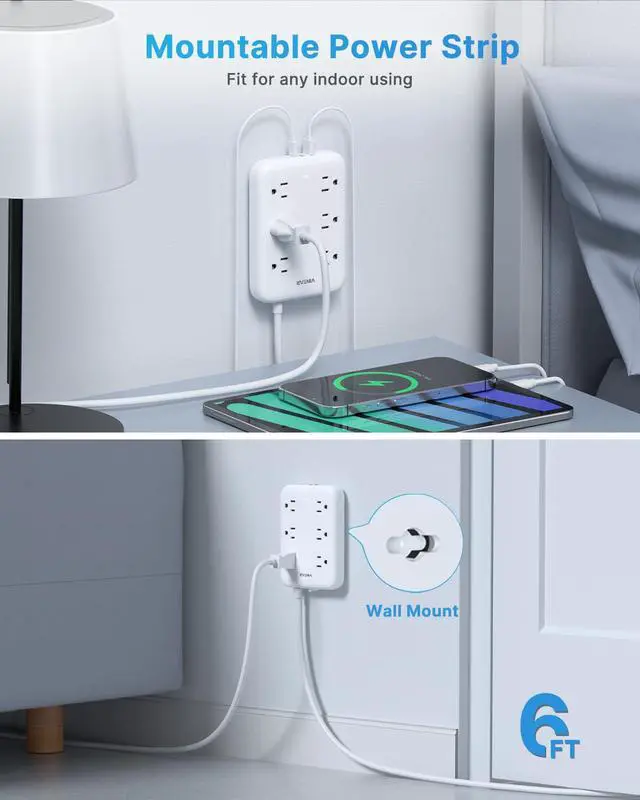 Alt view image 7 of 7 - 2 Prong GFCI Power Strip, 6ft Extension Cord with 6 Outlets & 4 USB | 2 Prong to 3 Prong GFCI Outlet Adapter, 1050J Surge Protector, 2 USB-C, Polarized Plug Wall Mount for Non-Grounded Receptacle