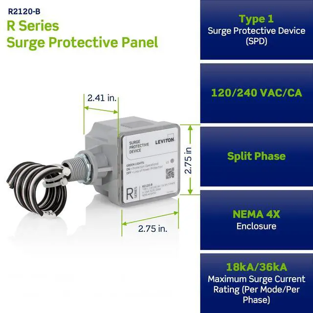 Alt view image 2 of 5 - Type 1 Surge Protective Panel, Residential Home Surge Protection, 120/240 VAC, Split Phase, 36kA per Phase, R2120-B SPD, Gray