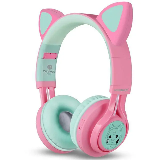 Alt view image 3 of 7 - CT-7 Cat Ear Kids Bluetooth Headphones, LED Light Up Bluetooth Wireless Over Ear Headphones with Microphone and Volume Control for Travel/School/Smartphones/Laptop/PC/TV (Pink&Green)