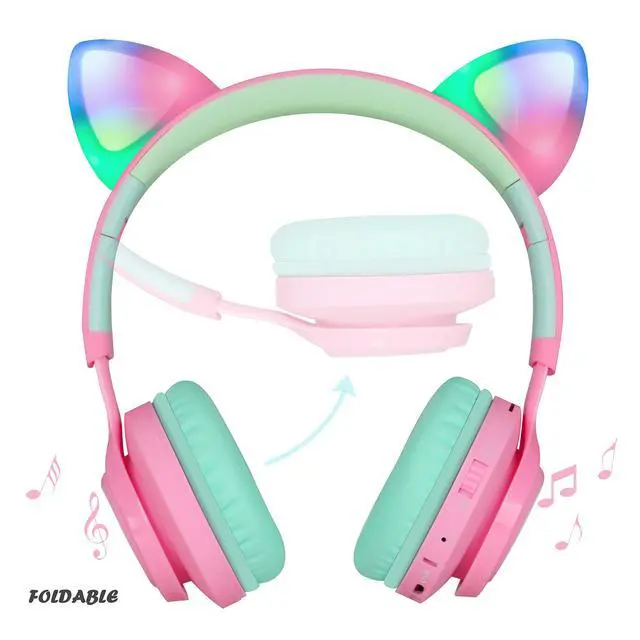 Alt view image 2 of 7 - CT-7 Cat Ear Kids Bluetooth Headphones, LED Light Up Bluetooth Wireless Over Ear Headphones with Microphone and Volume Control for Travel/School/Smartphones/Laptop/PC/TV (Pink&Green)