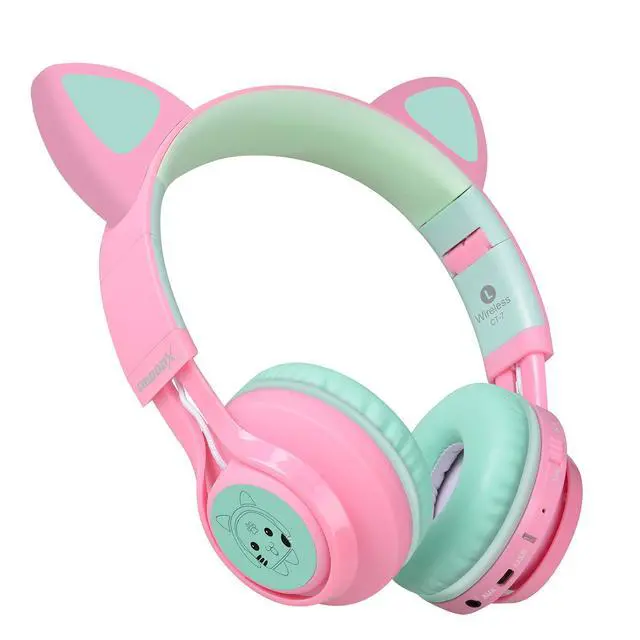 Alt view image 4 of 7 - CT-7 Cat Ear Kids Bluetooth Headphones, LED Light Up Bluetooth Wireless Over Ear Headphones with Microphone and Volume Control for Travel/School/Smartphones/Laptop/PC/TV (Pink&Green)