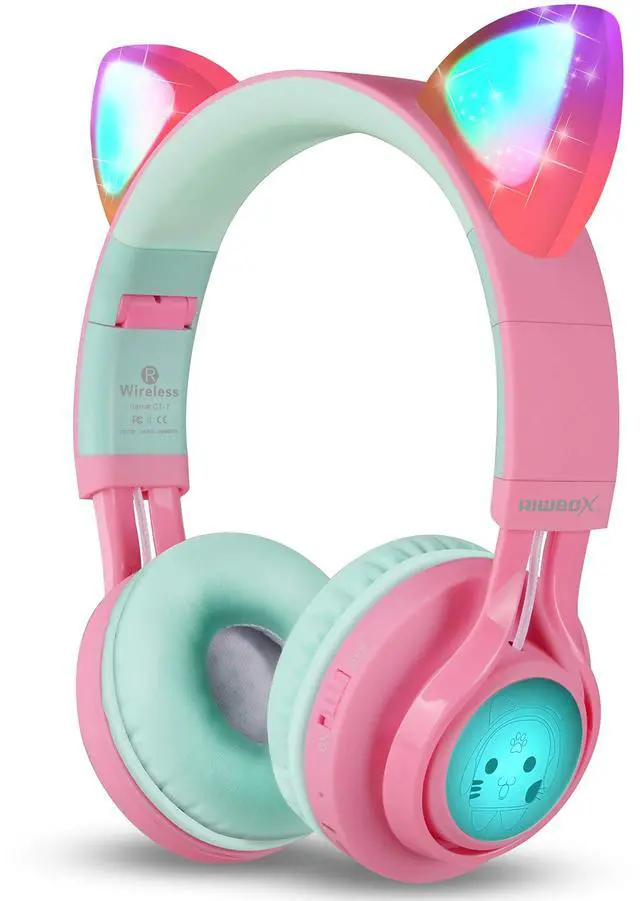 Main image of CT-7 Cat Ear Kids Bluetooth Headphones, LED Light Up Bluetooth Wireless Over Ear Headphones with Microphone and Volume Control for Travel/School/Smartphones/Laptop/PC/TV (Pink&Green)