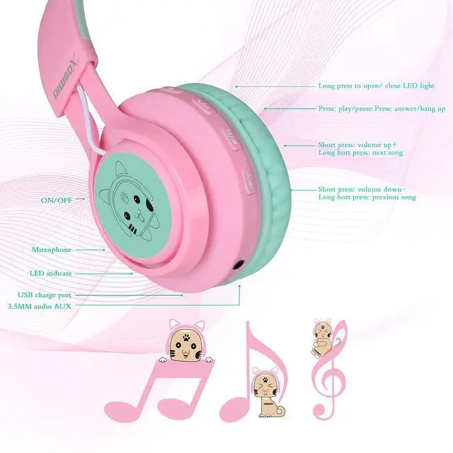 Alt view image 5 of 7 - CT-7 Cat Ear Kids Bluetooth Headphones, LED Light Up Bluetooth Wireless Over Ear Headphones with Microphone and Volume Control for Travel/School/Smartphones/Laptop/PC/TV (Pink&Green)