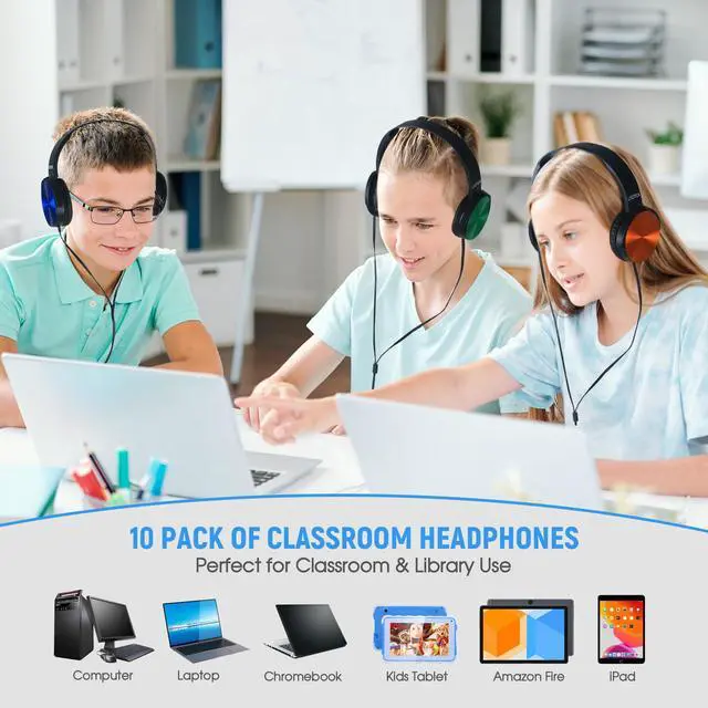 Alt view image 2 of 7 - 10 Pack Kids Headphones Bulk for School Classroom, Over-Ear Headphones Wired School Supplies for Kids Students Teachers, 3.5mm Jack(Multicolor)