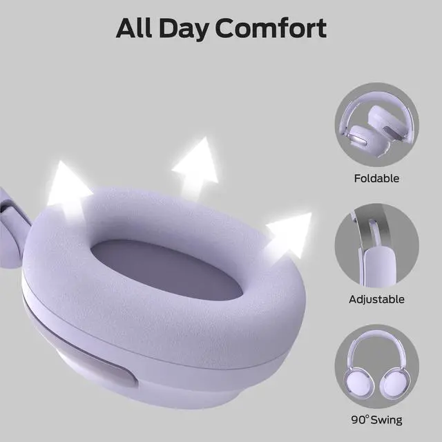 Alt view image 4 of 7 - Persona 3rd ANC Wireless Headphones, Noise Cancelling with Bluetooth 5.4, Foldable Lightweight Over Ear Headphones, Clear Calls, 70H Playtime, Dual Device Connection, Comfort Fit, Purple