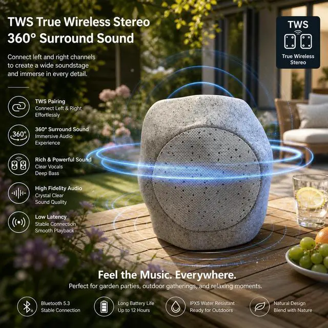 Alt view image 5 of 7 - 2-piece Upgraded Solar Rock Bluetooth Speaker, Waterproof IPX7 TWS Pairing, RGB Color Lighting and USB Charging, Suitable for Courtyard Pool Parties, Outdoor Gardens