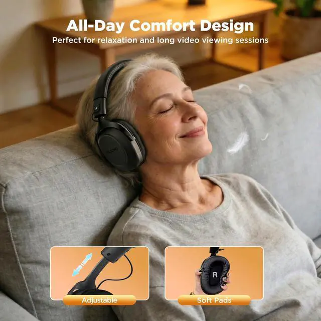 Alt view image 5 of 7 - Wireless TV Headphones for Seniors Hearing Impaired, 2.4GHz Bluetooth Headphones with Charging Base, 20ms Ultra Low Latency, 65H Playtime, Works with Optical RCA AUX