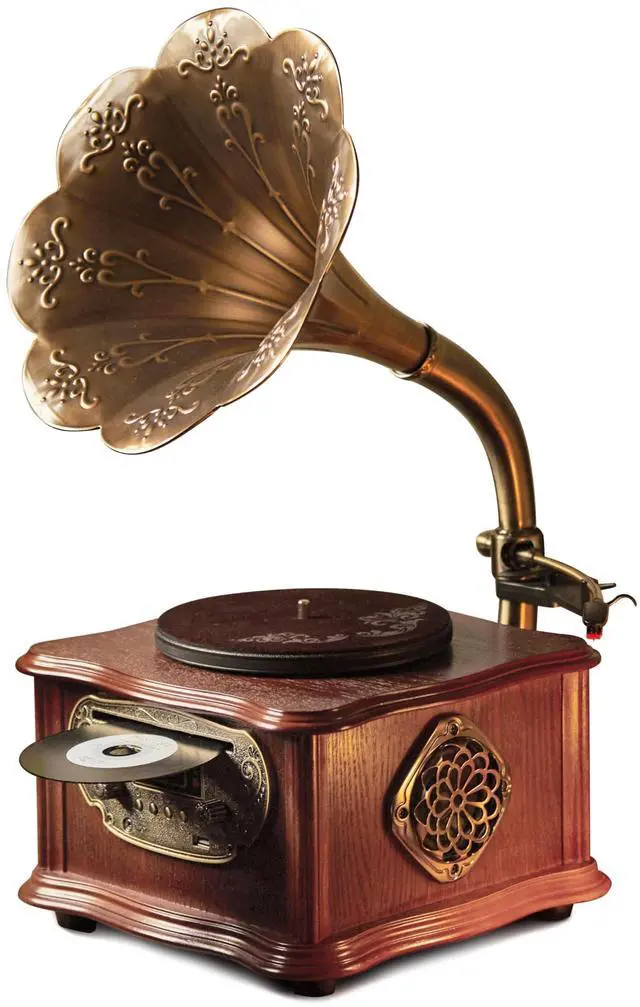 Main image of Wooden Phonograph Gramophone Turntable CD Player Stereo System Control 33/45 RPM FM AUX USB Ouput Bluetooth 4.2