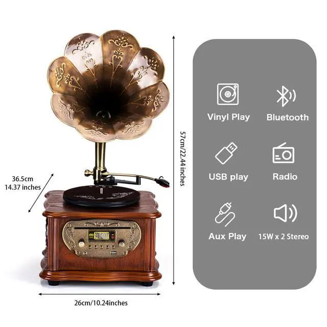 Alt view image 2 of 7 - Wooden Phonograph Gramophone Turntable CD Player Stereo System Control 33/45 RPM FM AUX USB Ouput Bluetooth 4.2
